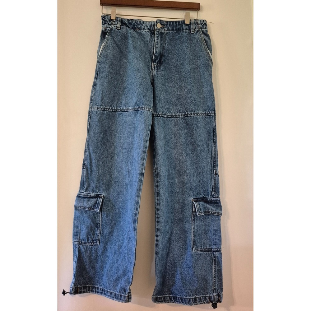 Forever 21 Y2K Baggy Wide Leg Cargo Jeans Jogger Size 27 Drawstring Hem Utility